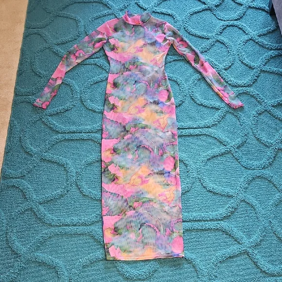 Pretty Little Thing Sheer Colorful Long Sleeve Dress 4 - Picture 1 of 6